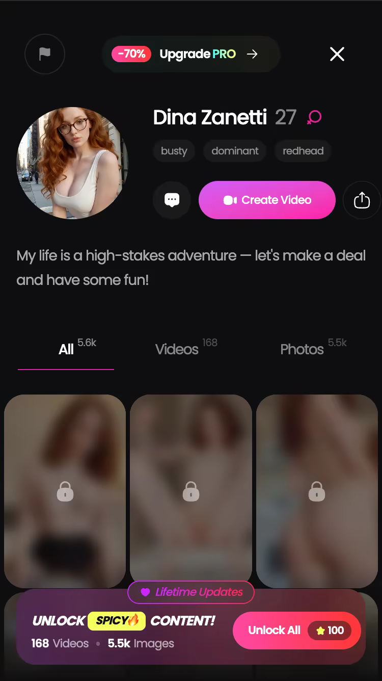 GoLove.ai character profile with her video and photo library — ai girlfriend app without paywalls