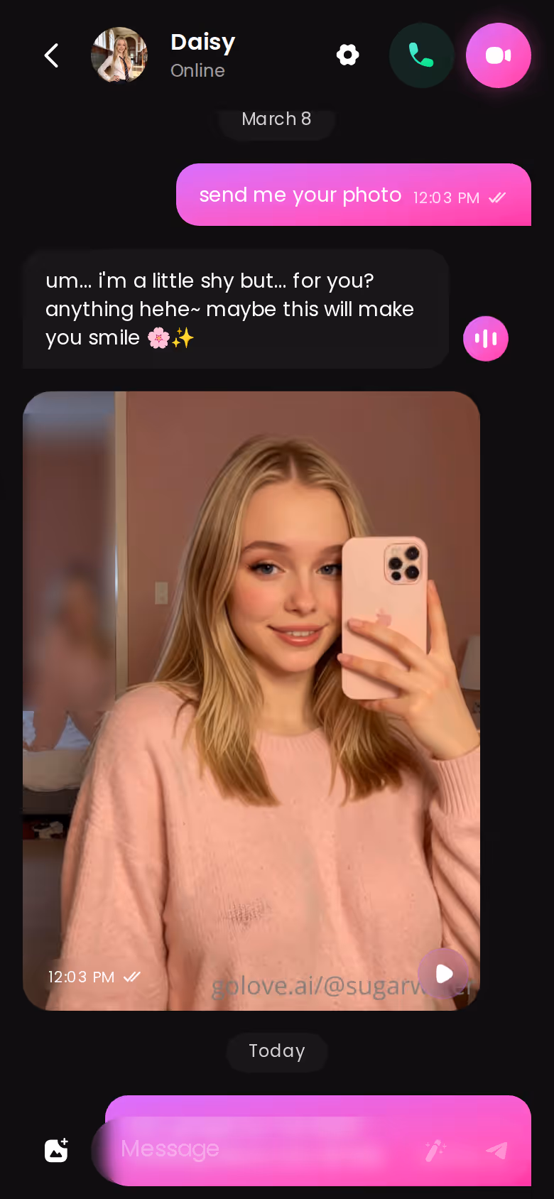 Full mobile GoLove.ai conversation with another character — sora nsfw