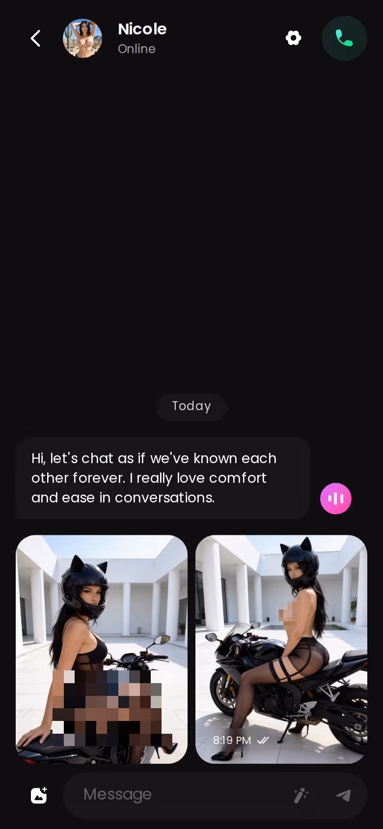 GoLove.ai mobile chat thread with a photo and a voice note in the same conversation