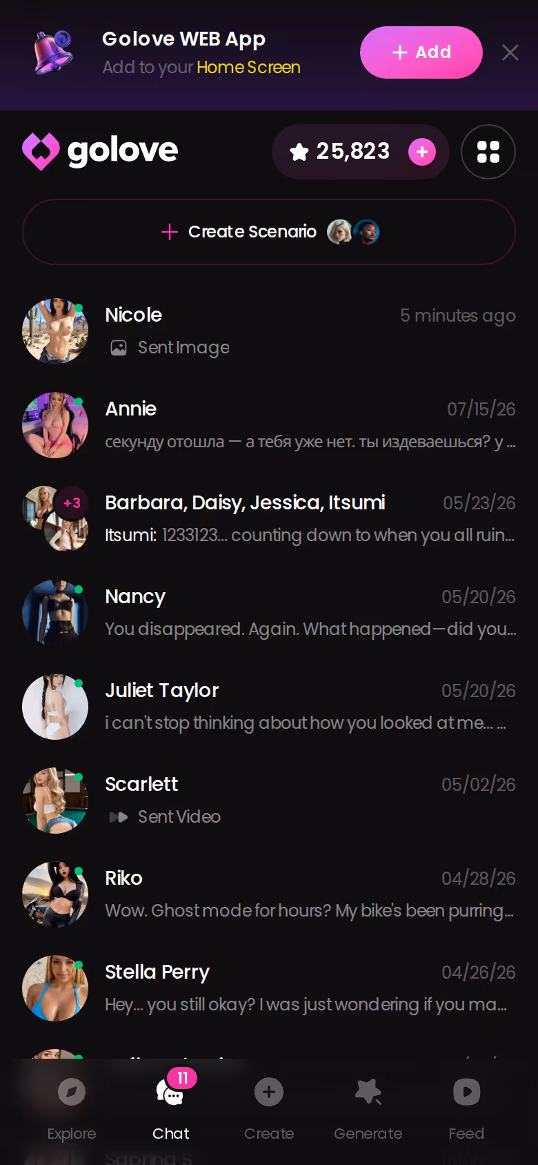 Mobile GoLove.ai chats list with last-message previews — radioapple nsfw