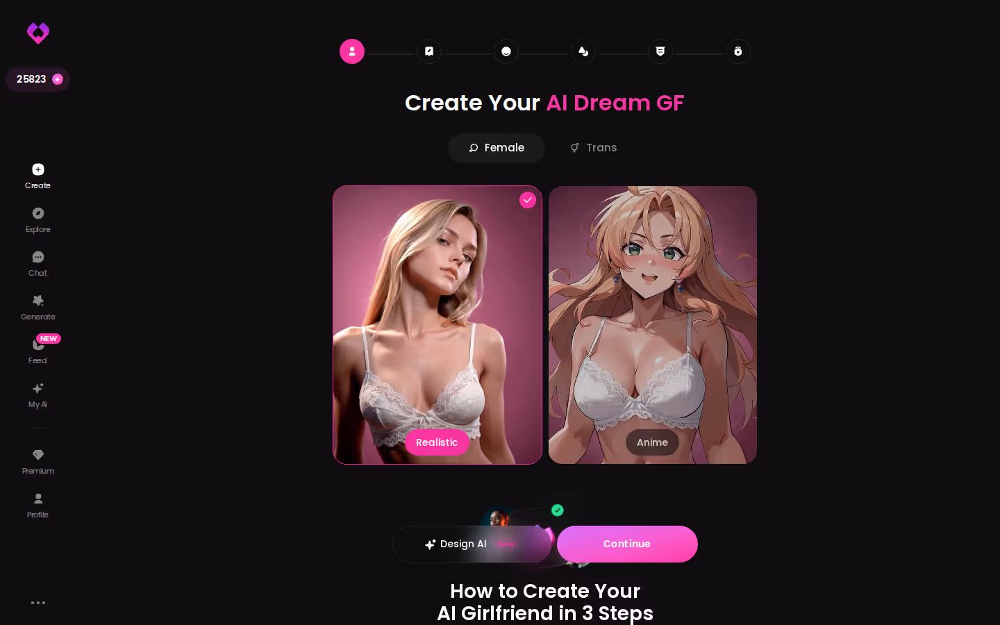 GoLove create wizard on desktop showing the Female/Trans toggle and Realistic vs Anime style cards