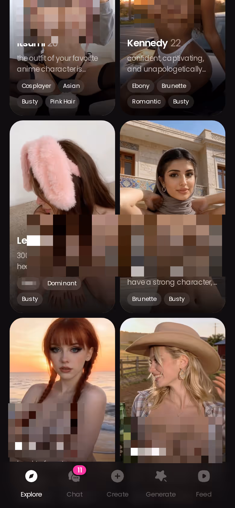 GoLove.ai Explore page on mobile showing realistic AI girlfriend characters