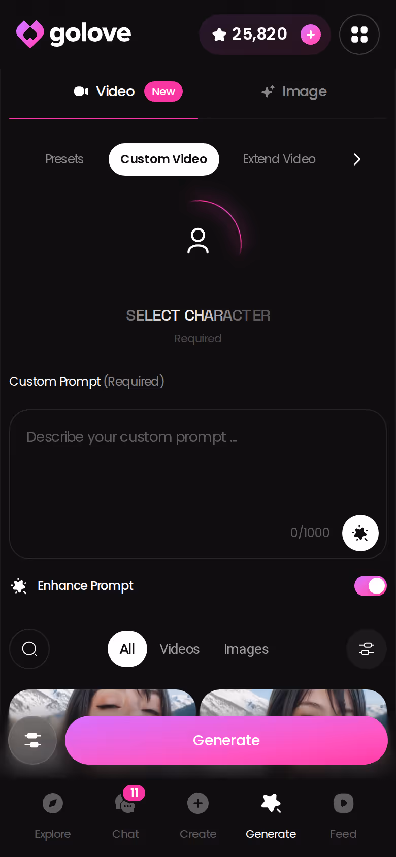 GoLove.ai video generator on mobile with preset cards for action, clothes and background