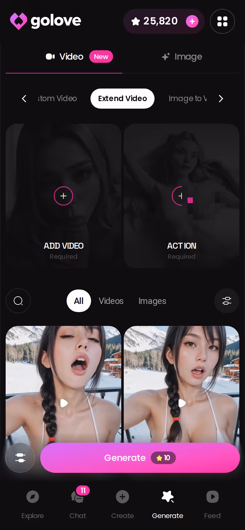 GoLove's video generator on mobile, extending a clip from a generated photo