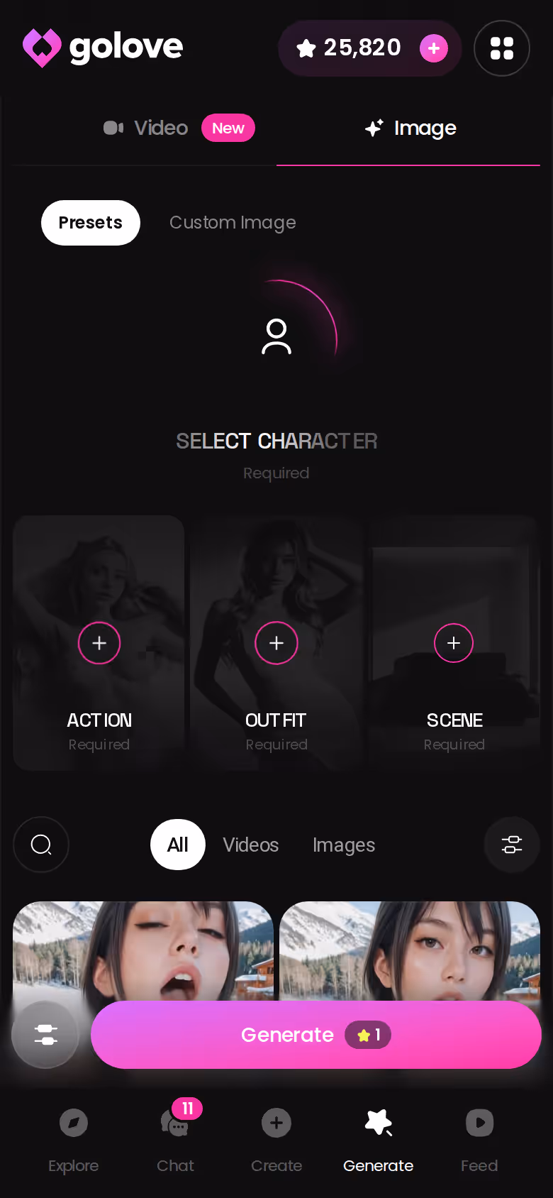 GoLove's image generator on mobile with pose and outfit presets
