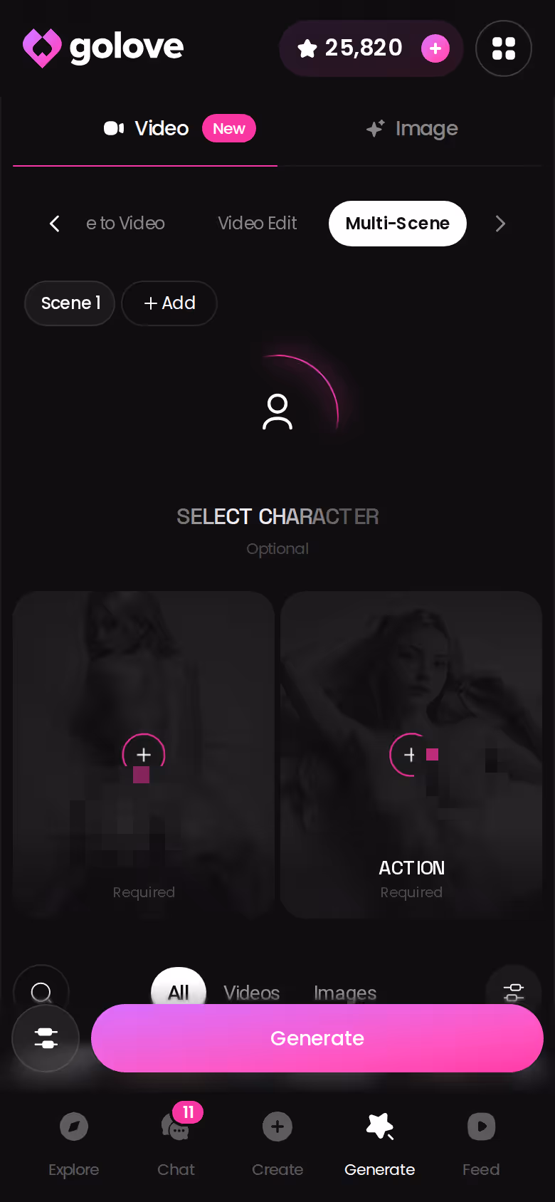 GoLove.ai mobile Multi Scene generator building one clip from several moments
