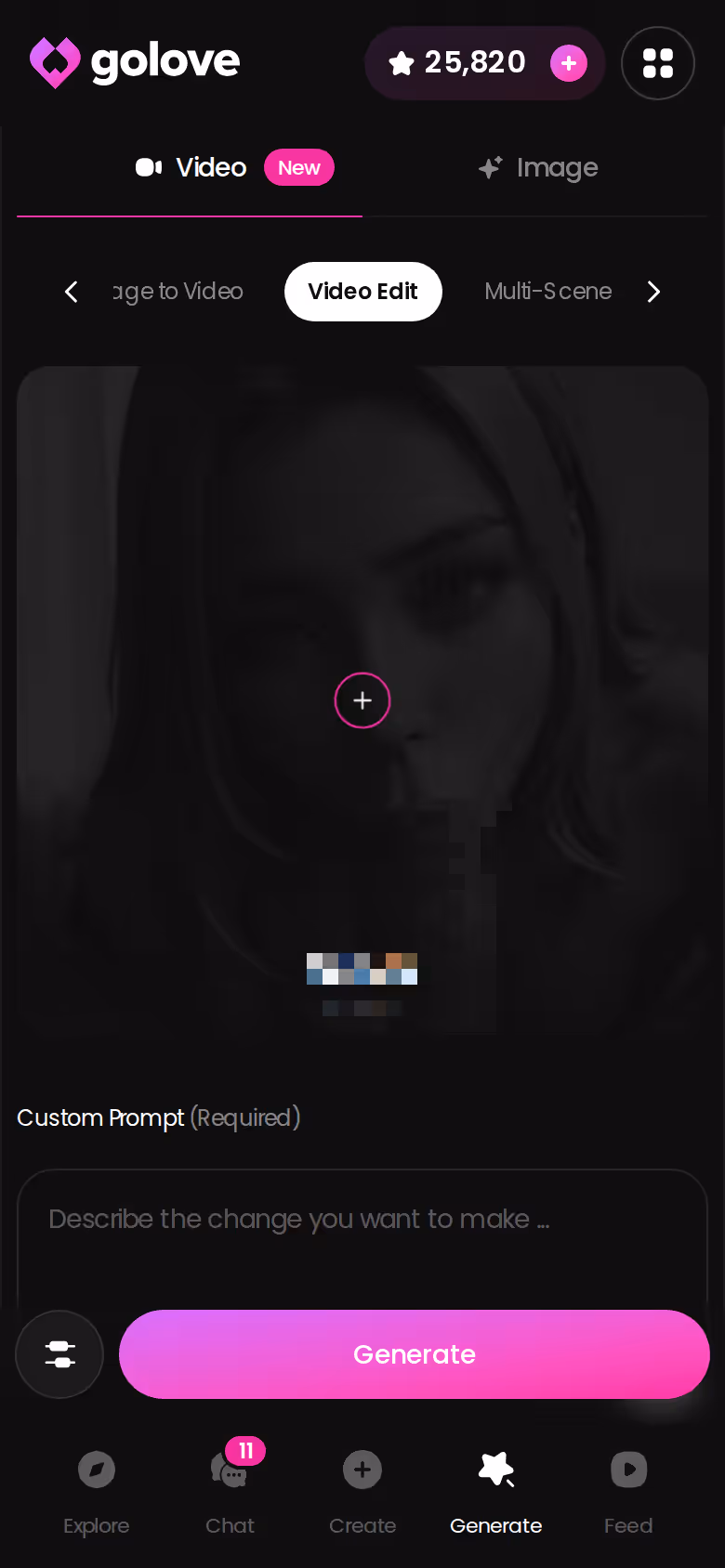 GoLove.ai Video Edit screen on mobile for adjusting a generated clip instead of regenerating it